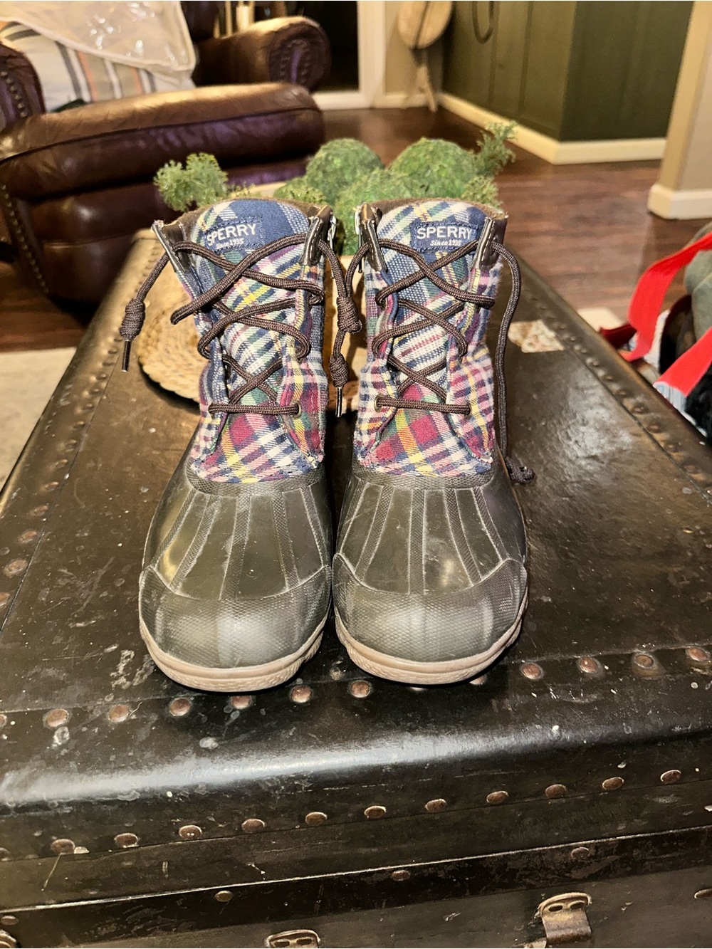 Sperry Woman’s Plaid Lace-Up Waterproof Rain Boots - Navy, Red, Yellow